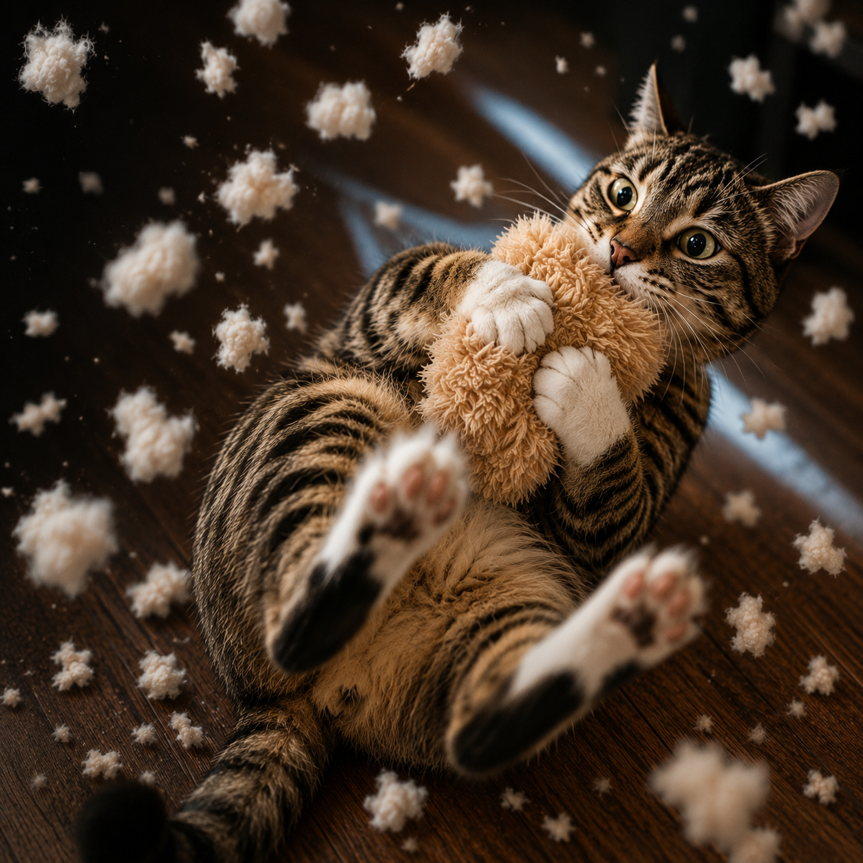 Domestic cat performing the bunny kick, gripping a toy with the front paws while kicking with the hind legs