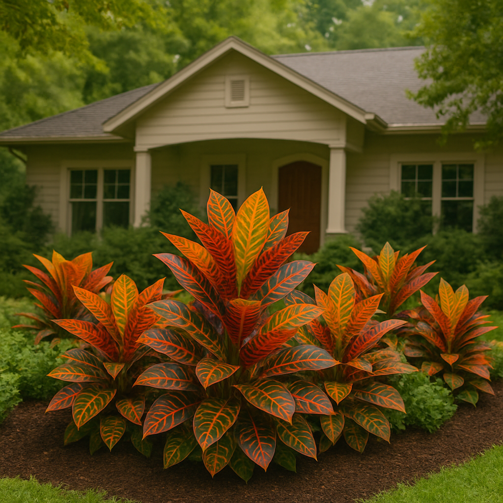 Croton em canteiro natural com casa ao fundo