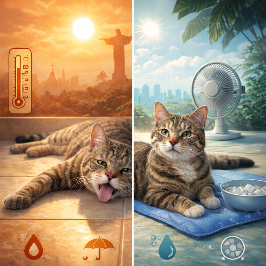 Gato se refrescando durante o calor do verão