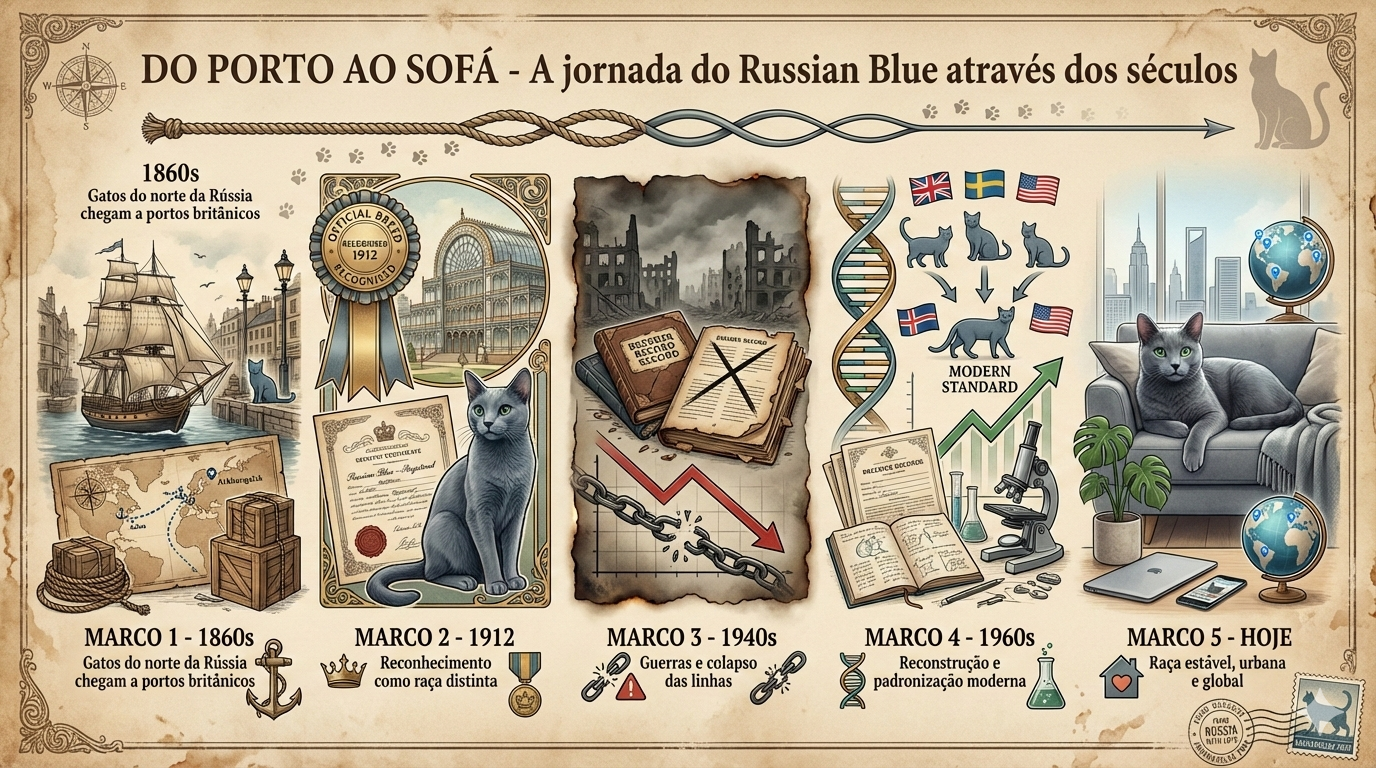 Infográfico educativo sobre a trajetória do Russian Blue