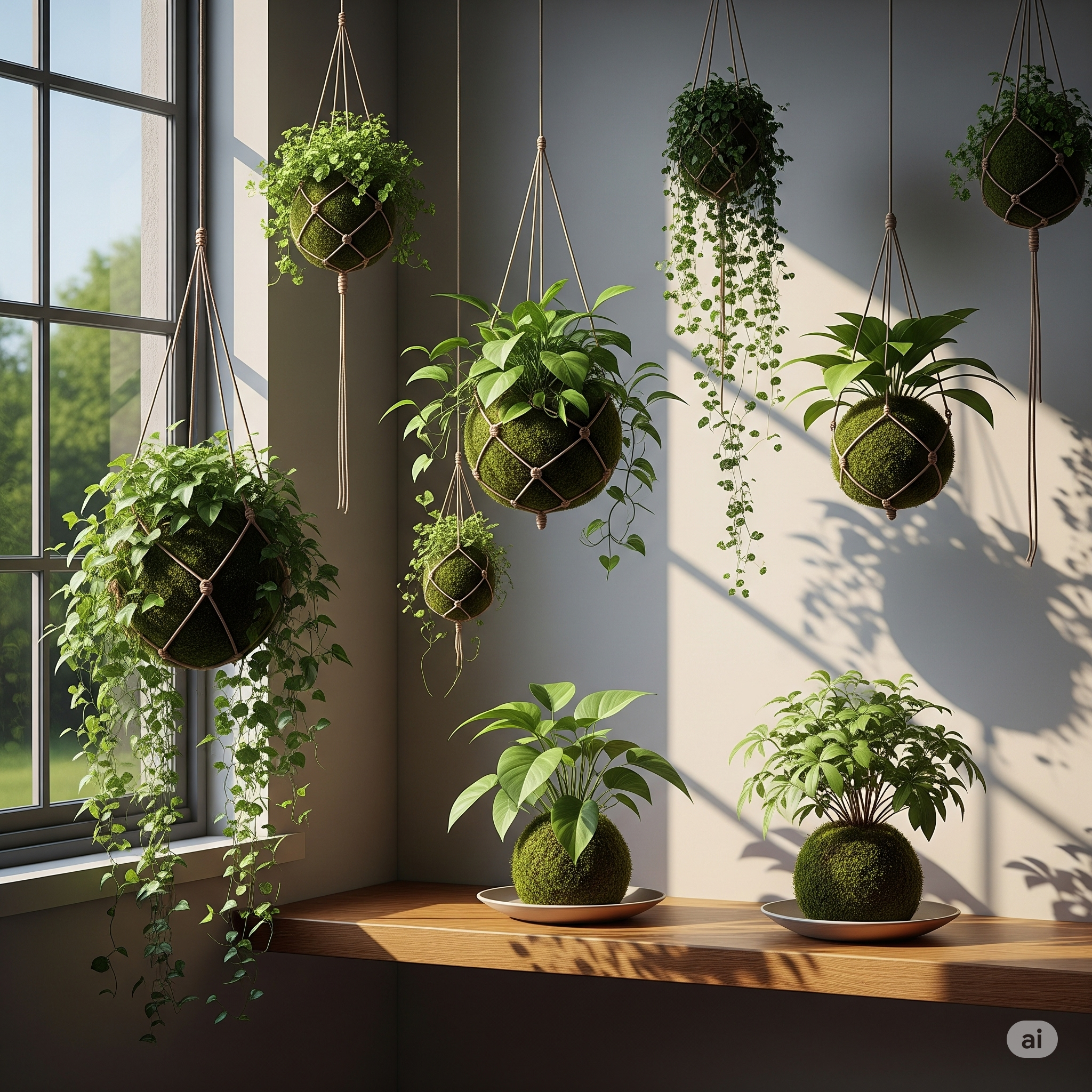 Kokedama suspensa com planta verde