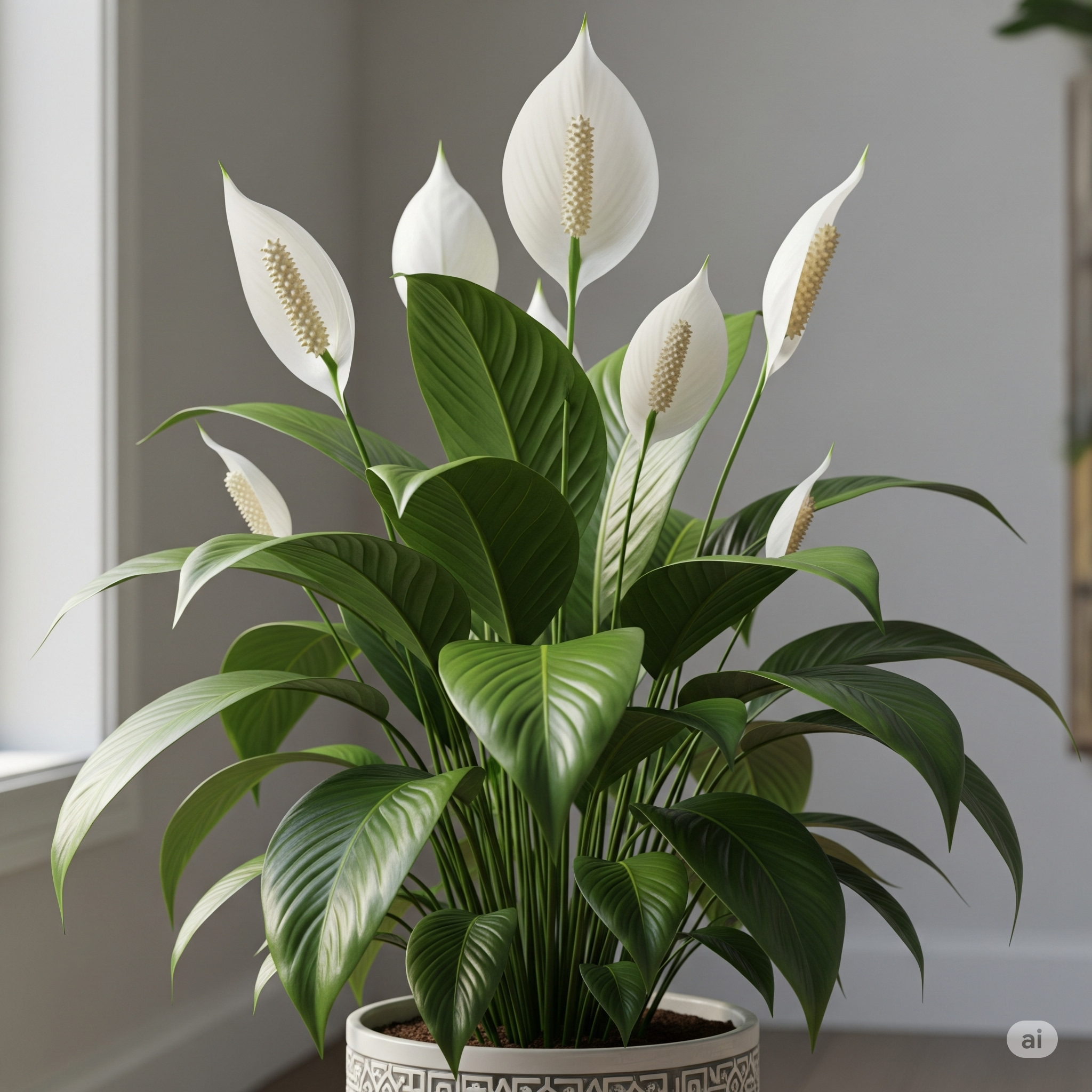 Lírio da Paz (Spathiphyllum) com espata branca em vaso decorativo