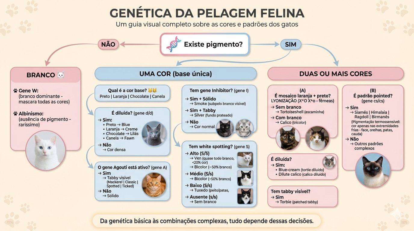 Infográfico educativo sobre a genética da pelagem felina