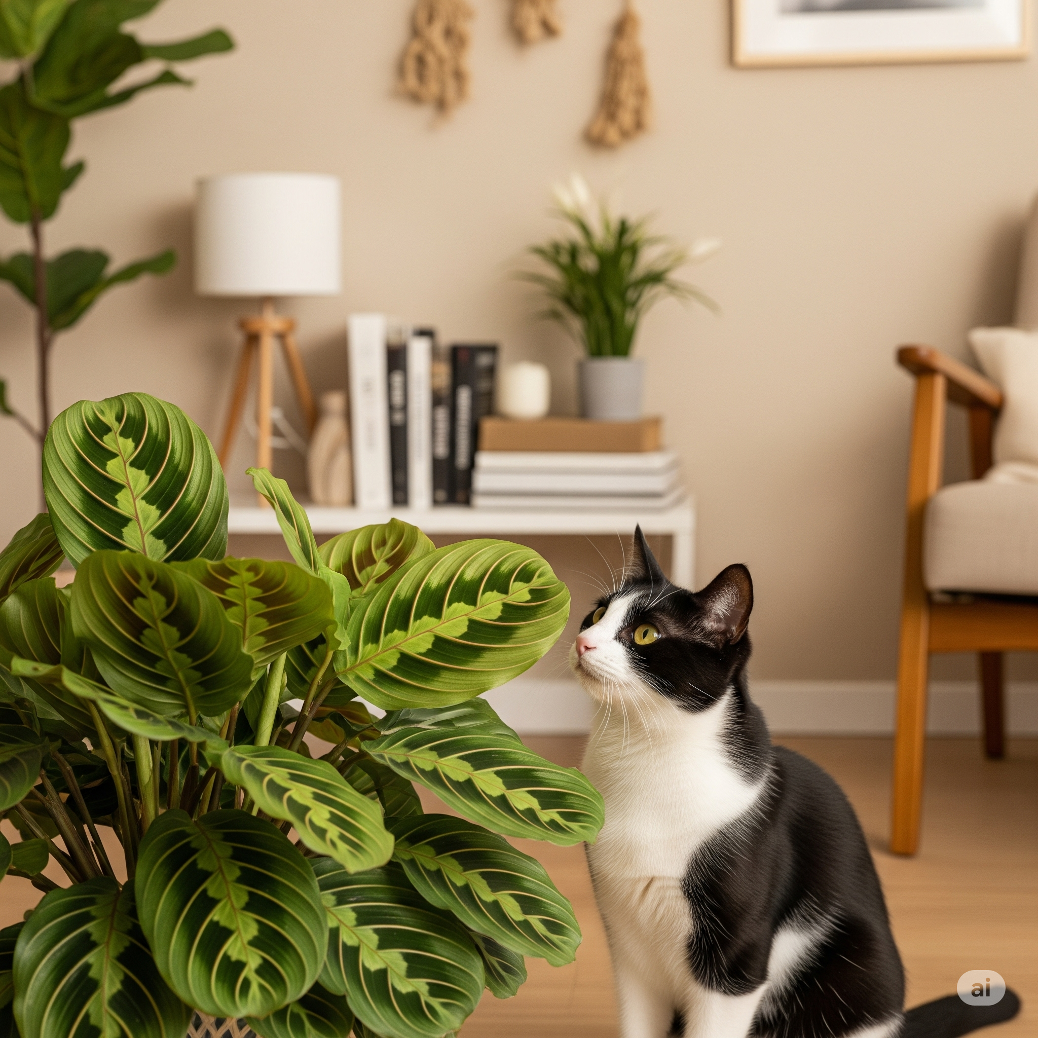 Gato curioso perto de planta delicada em ambiente interno