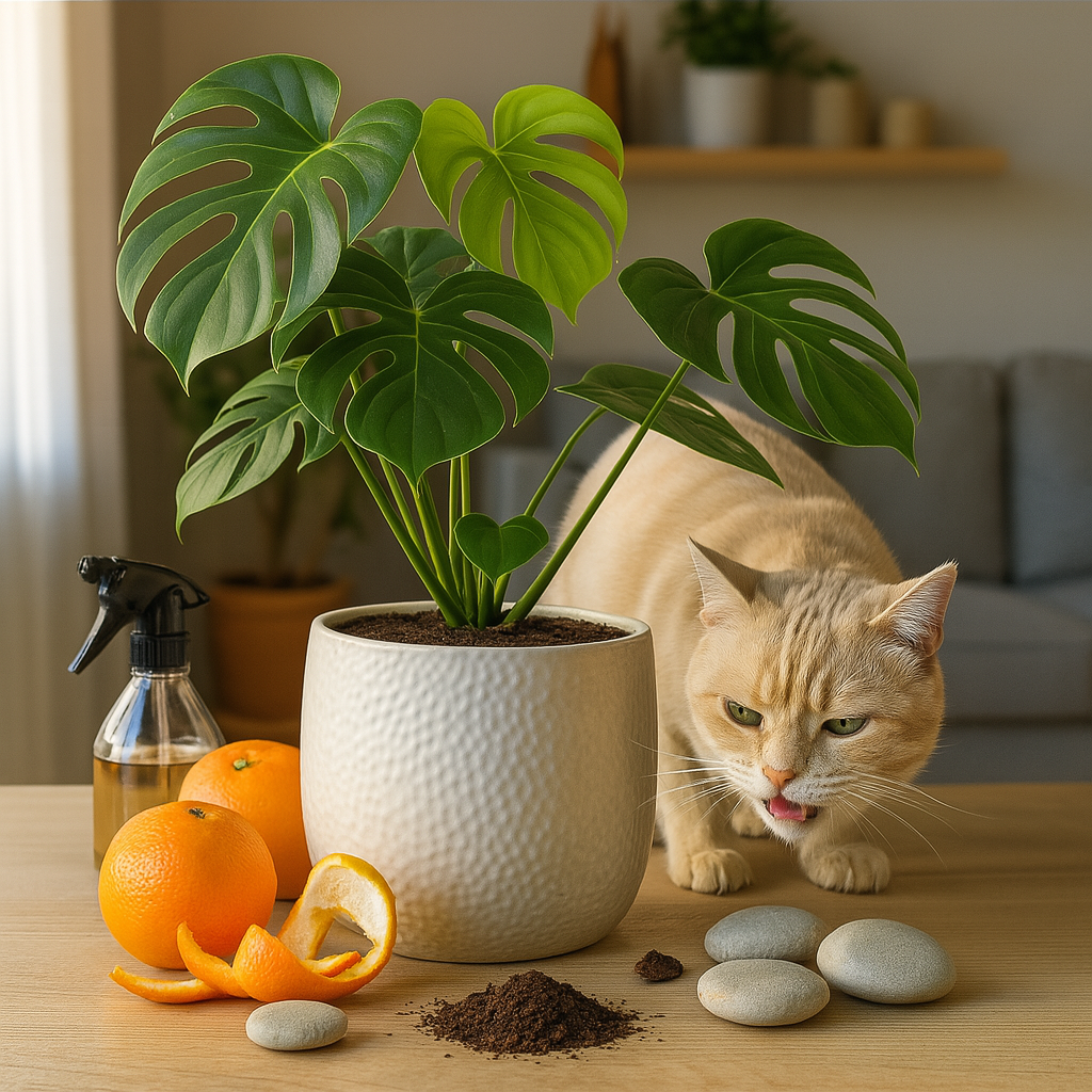 Gato farejando planta com casca de laranja e borrifador