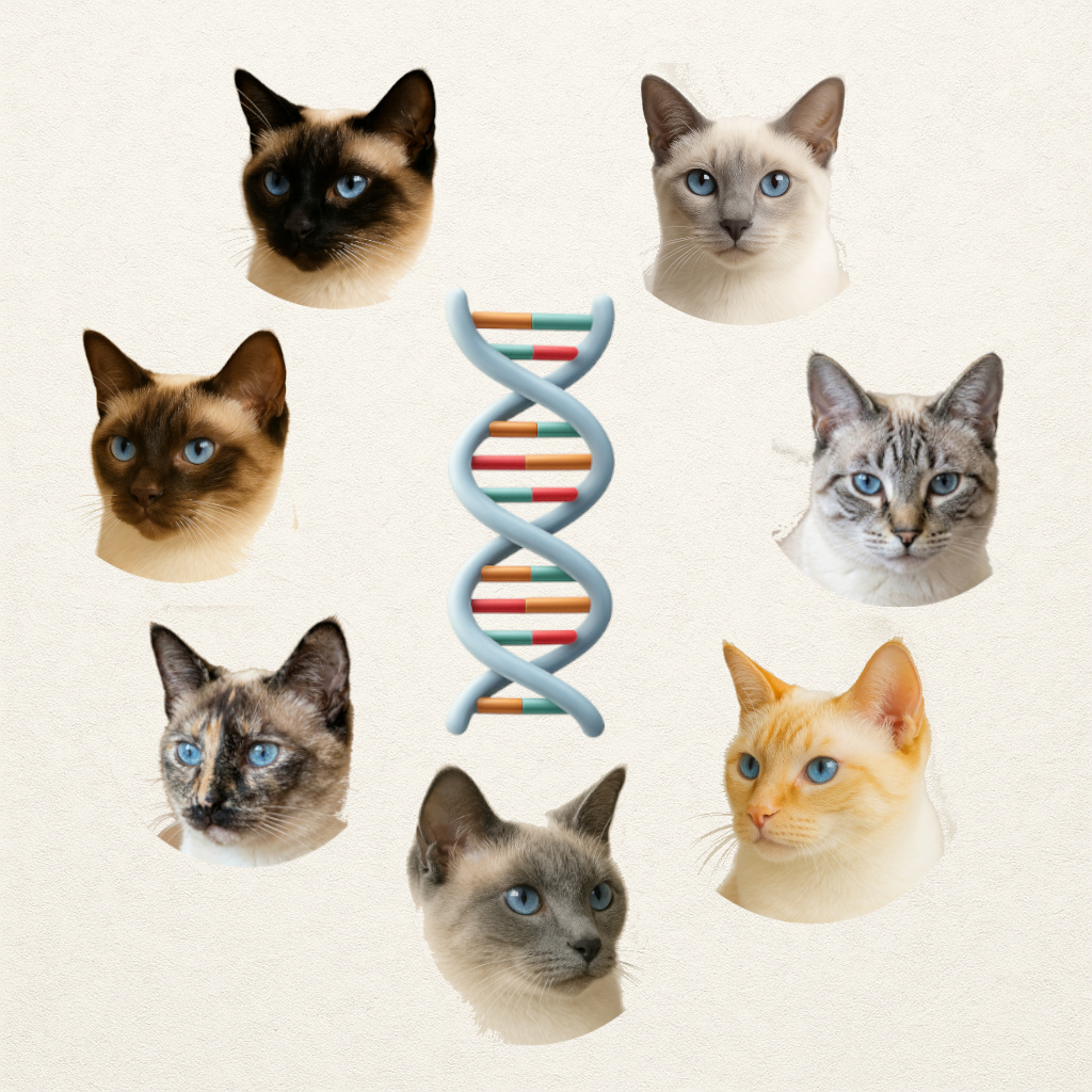 Gatos siameses mostrando diferentes variações de cores nos pontos