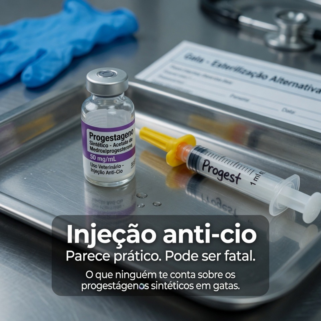Veterinarian examining an intact female cat; syringe and ovary diagram in background